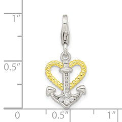 Amore La Vita Sterling Silver Rhodium-plated and Gold-plated CZ Heart and Anchor Charm with Fancy Lobster Clasp