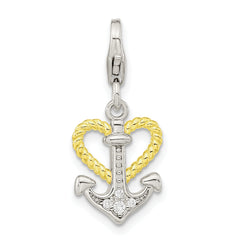 Amore La Vita Sterling Silver Rhodium-plated and Gold-plated CZ Heart and Anchor Charm with Fancy Lobster Clasp