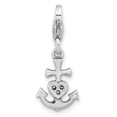 Amore La Vita Sterling Silver Rhodium-plated Polished Antiqued CZ Anchor with Heart Charm with Fancy Lobster Clasp