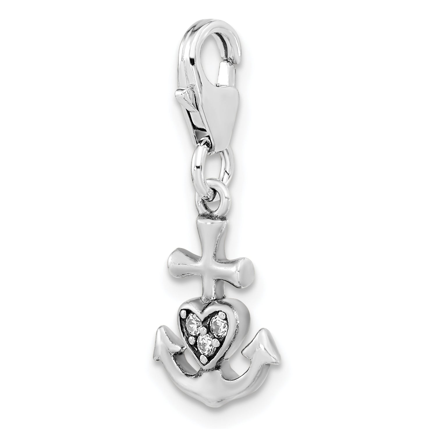 Amore La Vita Sterling Silver Rhodium-plated Polished Antiqued CZ Anchor with Heart Charm with Fancy Lobster Clasp