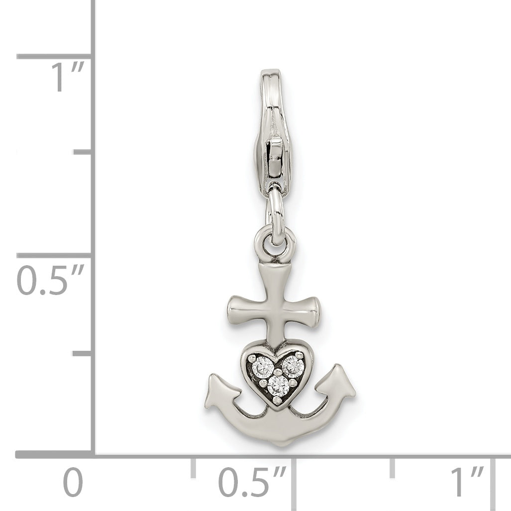 Amore La Vita Sterling Silver Rhodium-plated Polished Antiqued CZ Anchor with Heart Charm with Fancy Lobster Clasp