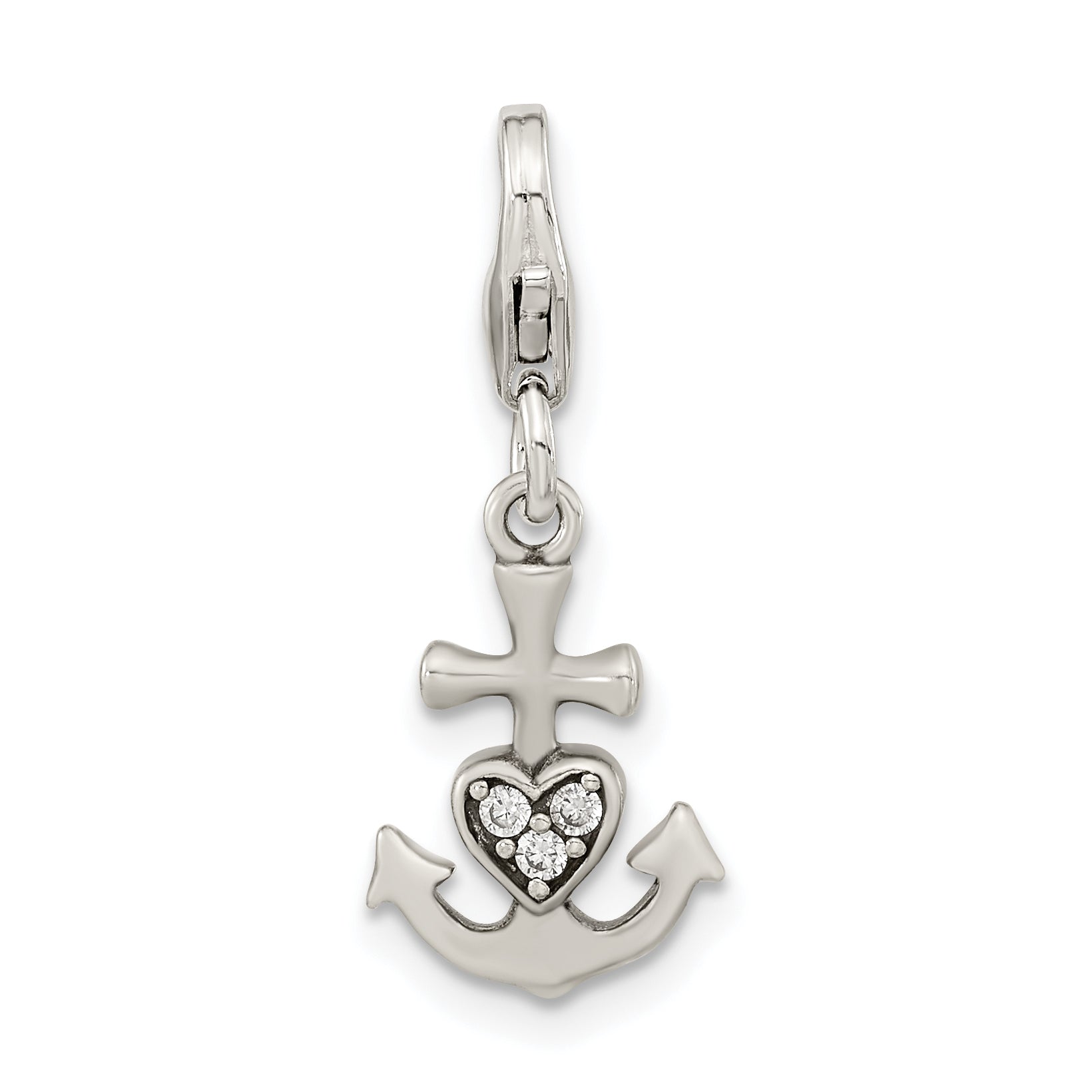 Amore La Vita Sterling Silver Rhodium-plated Polished Antiqued CZ Anchor with Heart Charm with Fancy Lobster Clasp