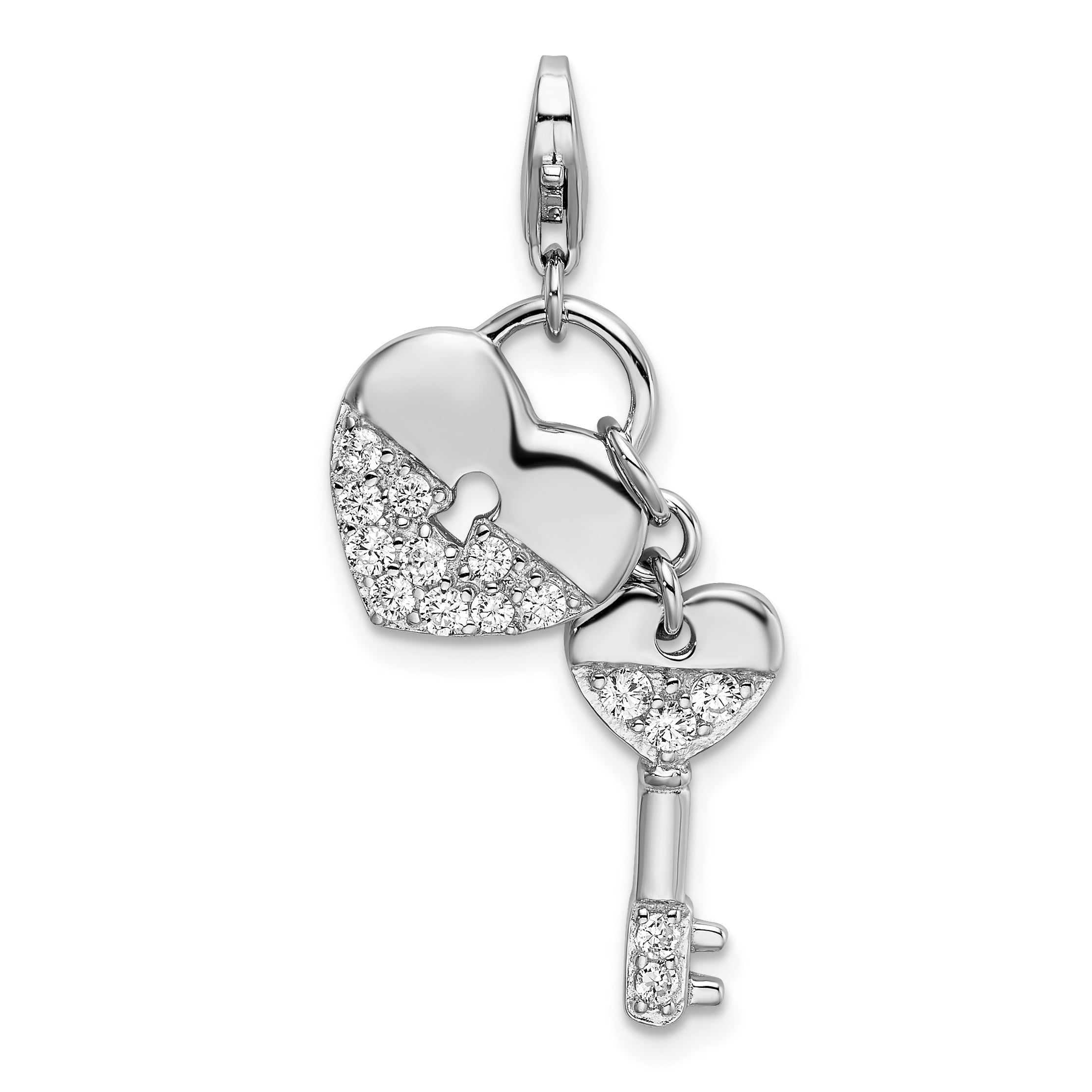 Amore La Vita Sterling Silver Rhodium-plated Polished CZ Heart and Key Charm with Fancy Lobster Clasp