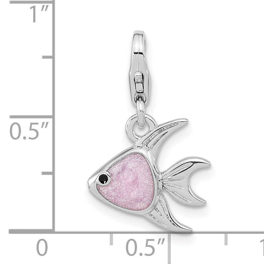 Amore La Vita Sterling Silver Rhodium-plated Polished 3-D Enameled Angel Fish Charm with Fancy Lobster Clasp