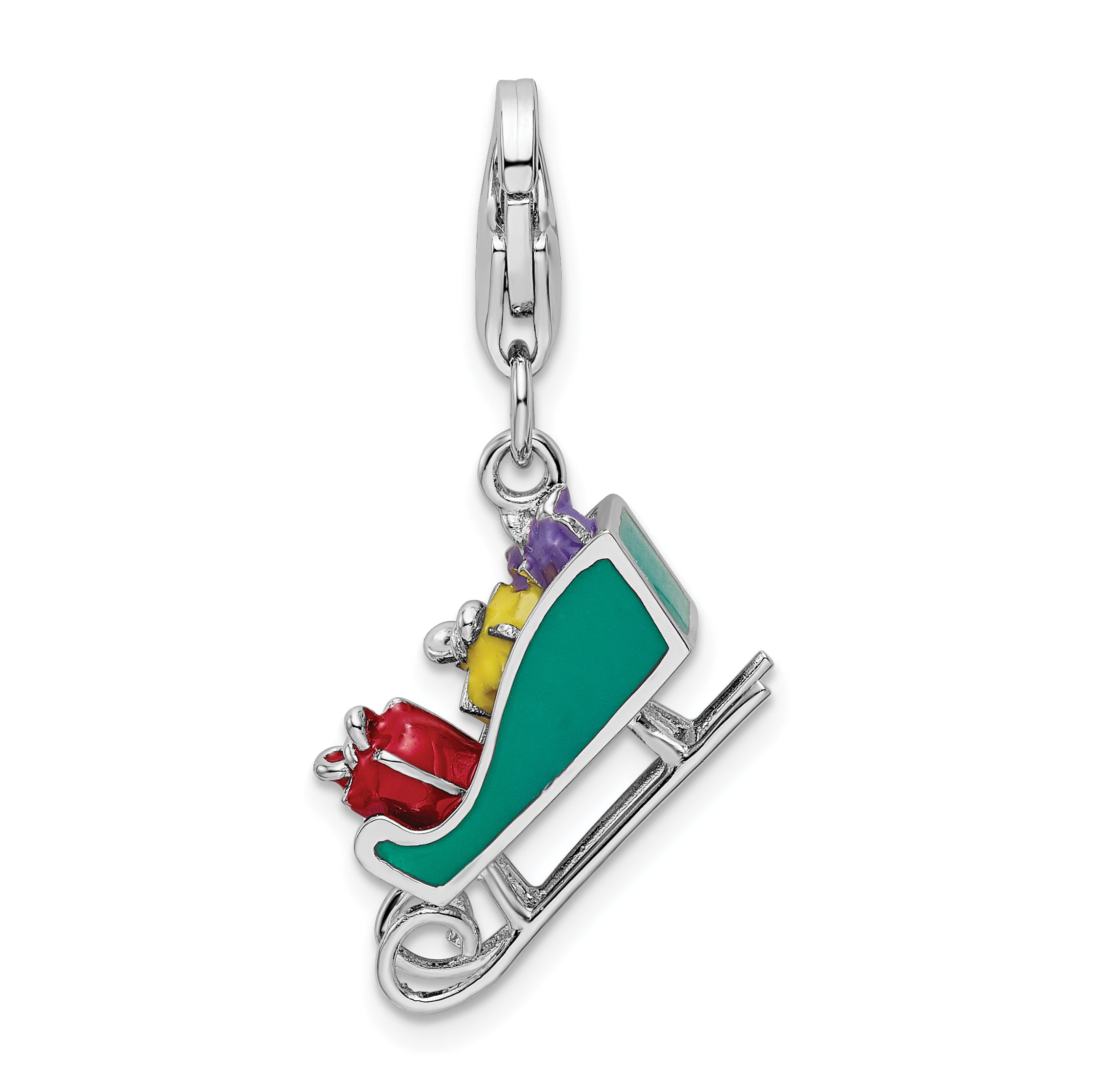 Amore La Vita Sterling Silver Rhodium-plated Polished 3-D Enameled Sled with Presents Charm