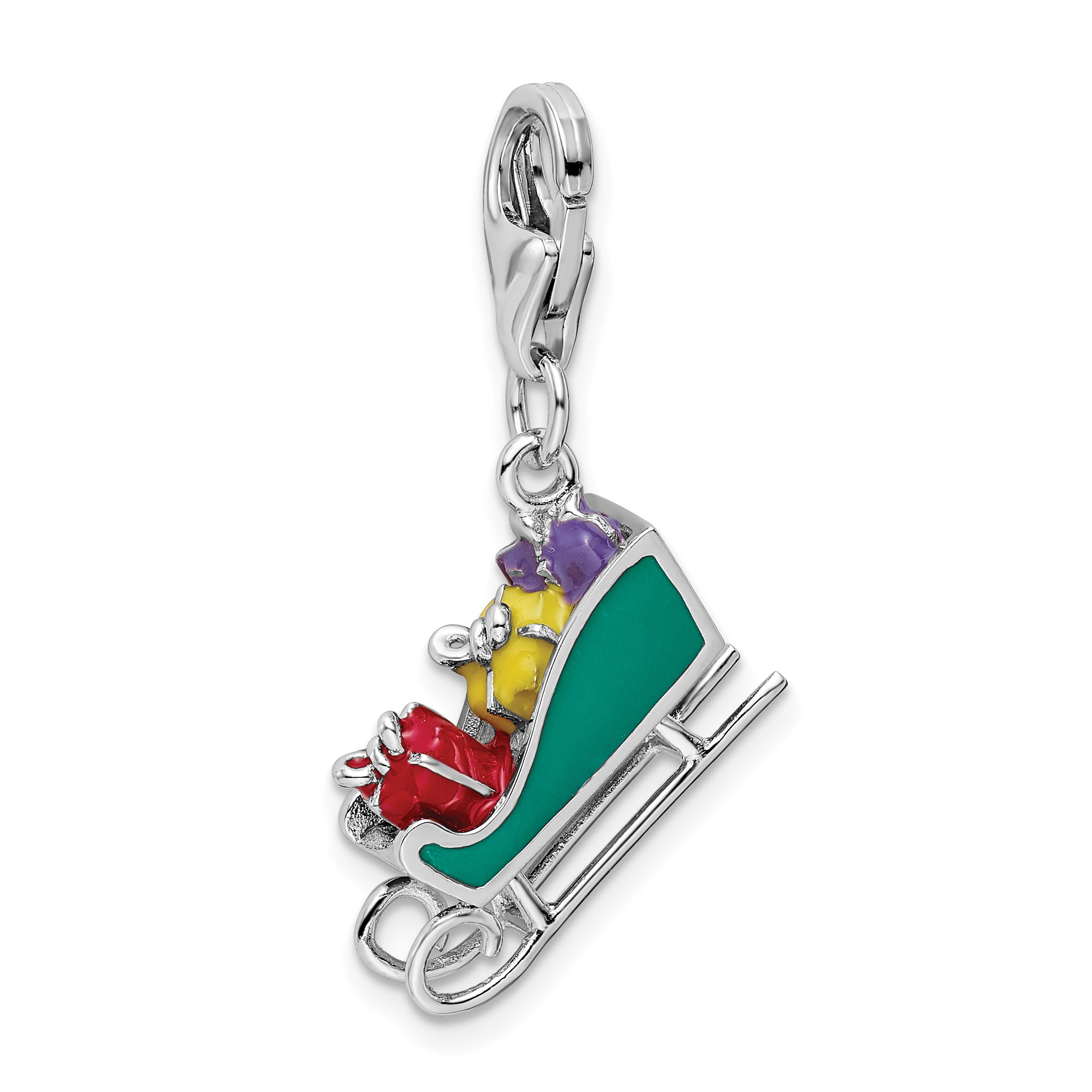 Amore La Vita Sterling Silver Rhodium-plated Polished 3-D Enameled Sled with Presents Charm