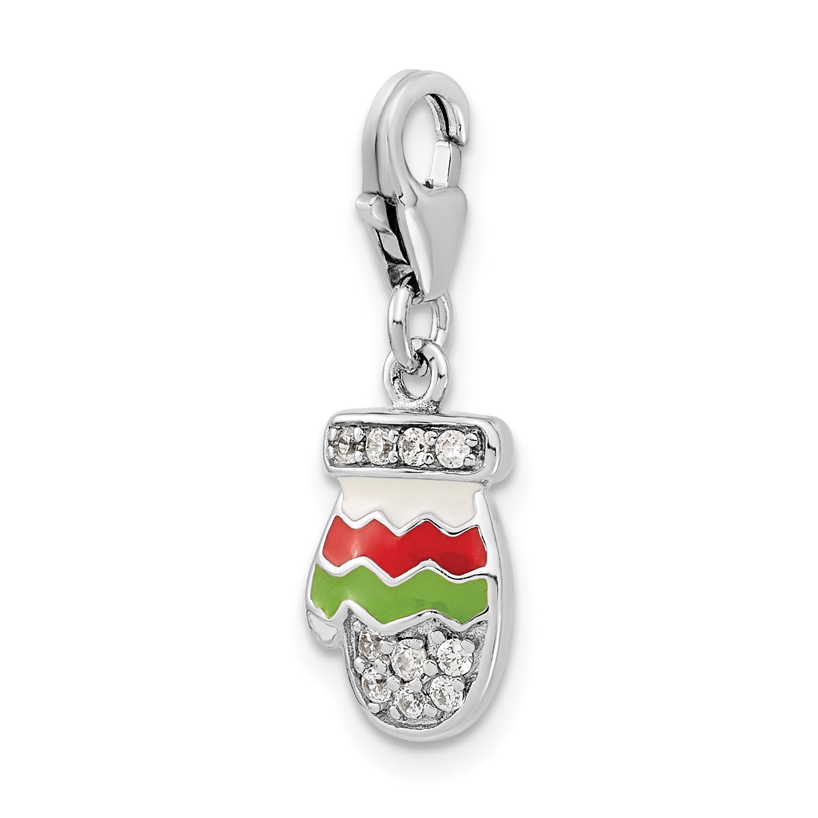 Amore La Vita Sterling Silver Rhodium-plated Polished CZ Enameled Mitten Charm with Fancy Lobster Clasp