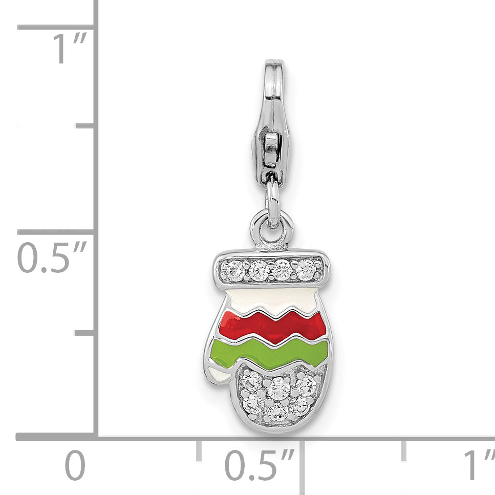 Amore La Vita Sterling Silver Rhodium-plated Polished CZ Enameled Mitten Charm with Fancy Lobster Clasp