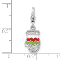 Amore La Vita Sterling Silver Rhodium-plated Polished CZ Enameled Mitten Charm with Fancy Lobster Clasp