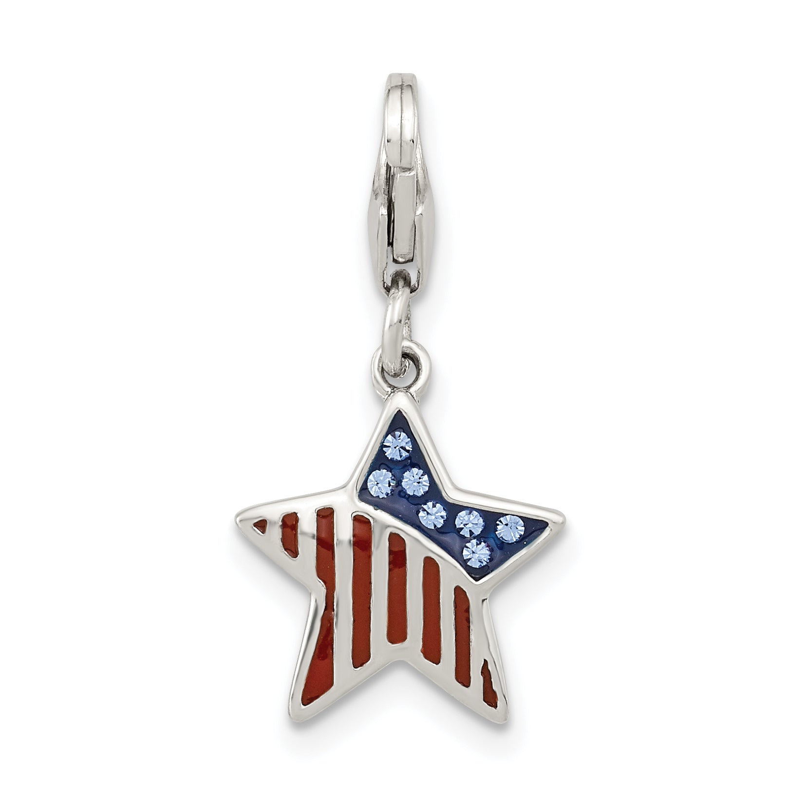 Amore La Vita Sterling Silver Rhodium-plated Polished Enameled Crystal From Swarovski Crystal Reversible American Flag Star Charm with Fancy Lobster Clasp