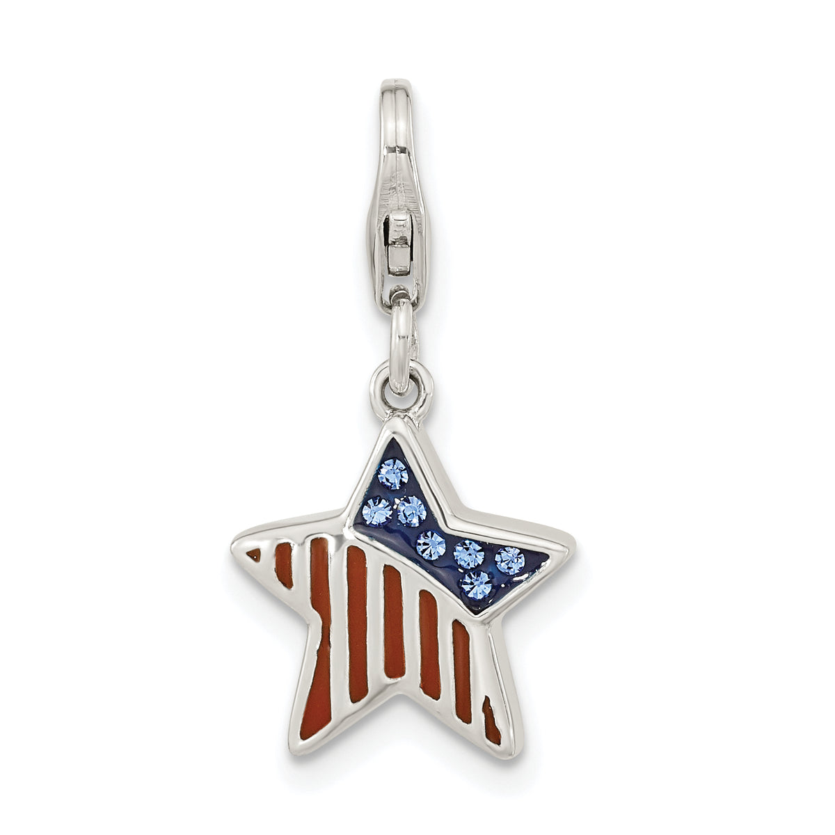 Amore La Vita Sterling Silver Rhodium-plated Polished Enameled Crystal From Swarovski Crystal Reversible American Flag Star Charm with Fancy Lobster Clasp