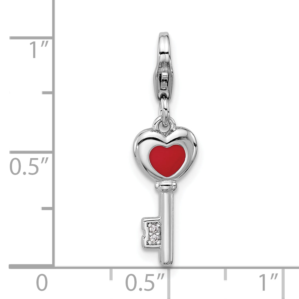 SS Amore La Vita Rh-plated Enameled  3-D CZ and Red Heart Key Charm