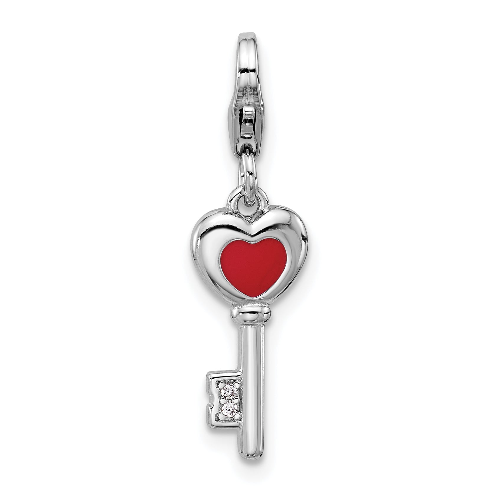 SS Amore La Vita Rh-plated Enameled  3-D CZ and Red Heart Key Charm