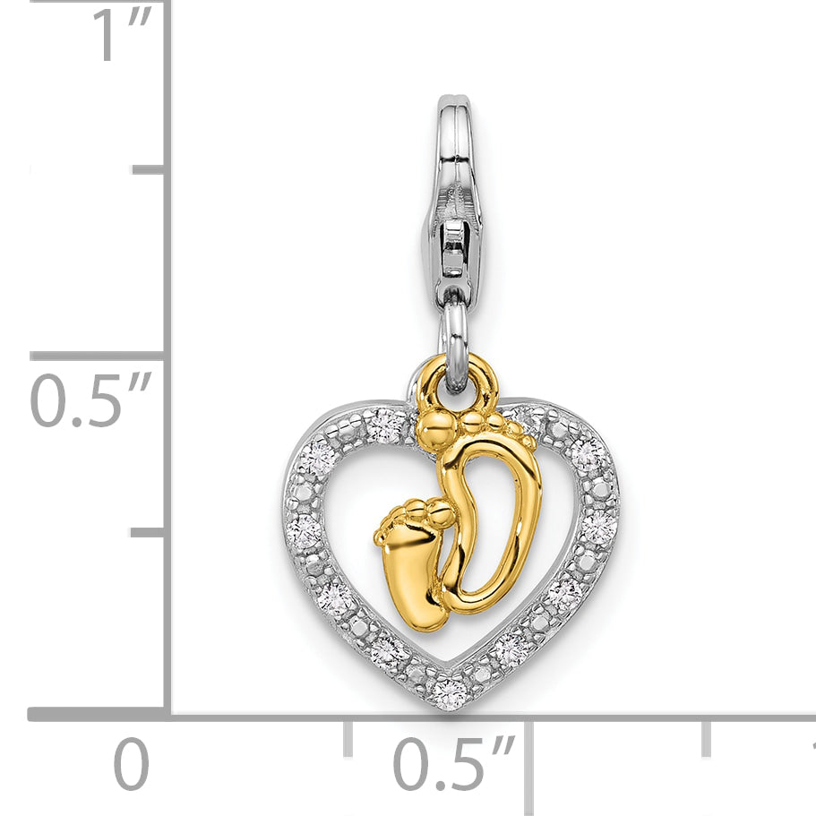 SS Amore La Vita Rhod-plated Gold-plated Baby Feet CZ Heart Charm