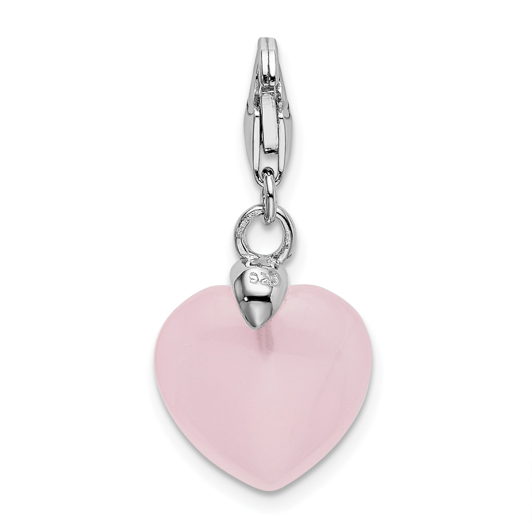 Amore La Vita Sterling Silver Rhodium-plated Polished 3-D Rose Quartz Heart Charm with Fancy Lobster Clasp