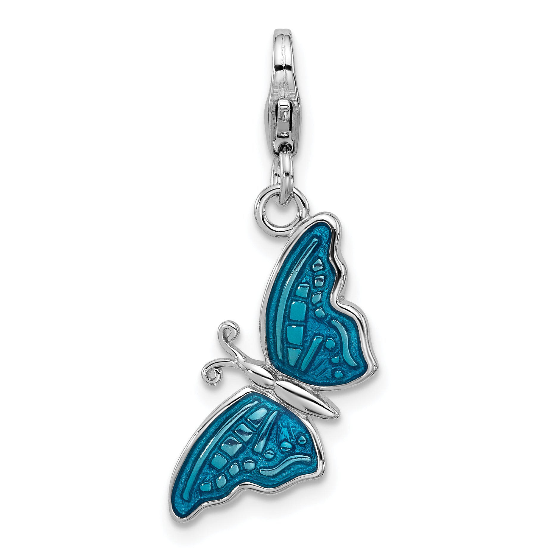 Sterling Silver Amore La Vita Rh-plated Blue Enameled 3-D Butterfly Charm