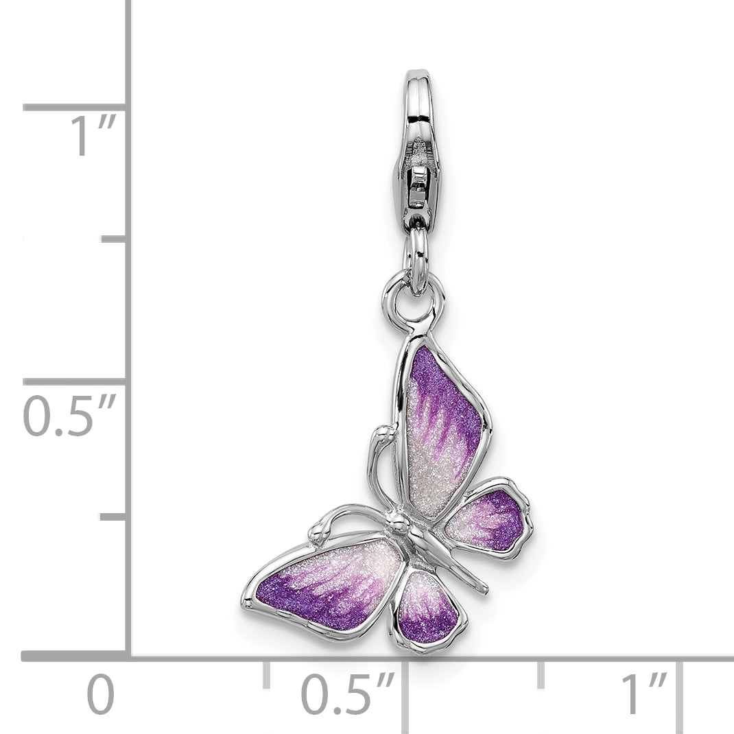 Sterling Silver Amore La Vita Rh-plated Purple Enamel 3-D Butterfly Charm