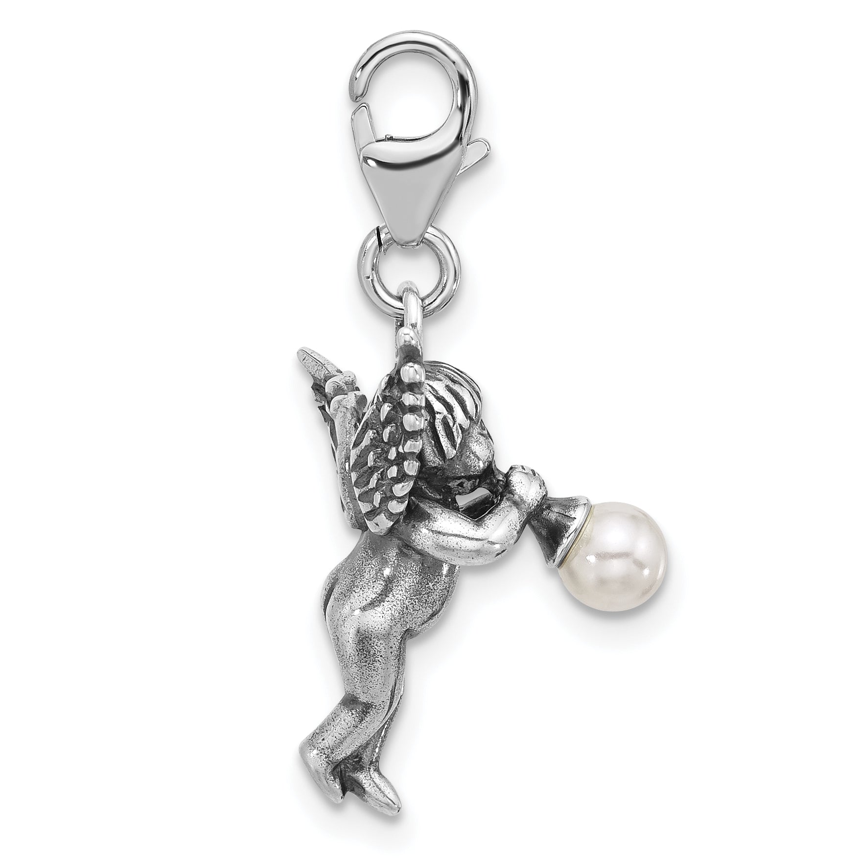 SS Amore La Vita Rhod-plated Antiqued 3-D Shell Pearl Angel Charm