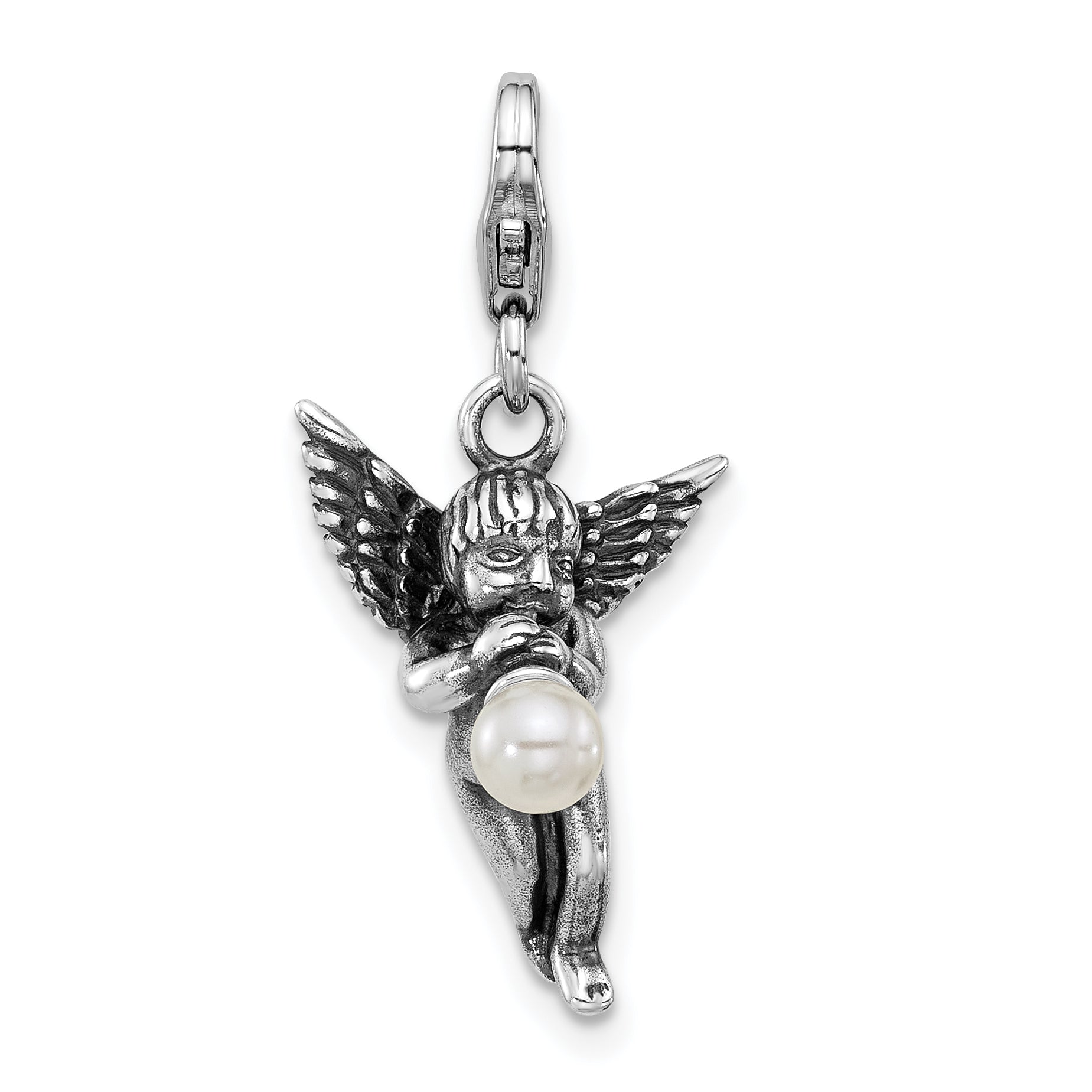 SS Amore La Vita Rhod-plated Antiqued 3-D Shell Pearl Angel Charm