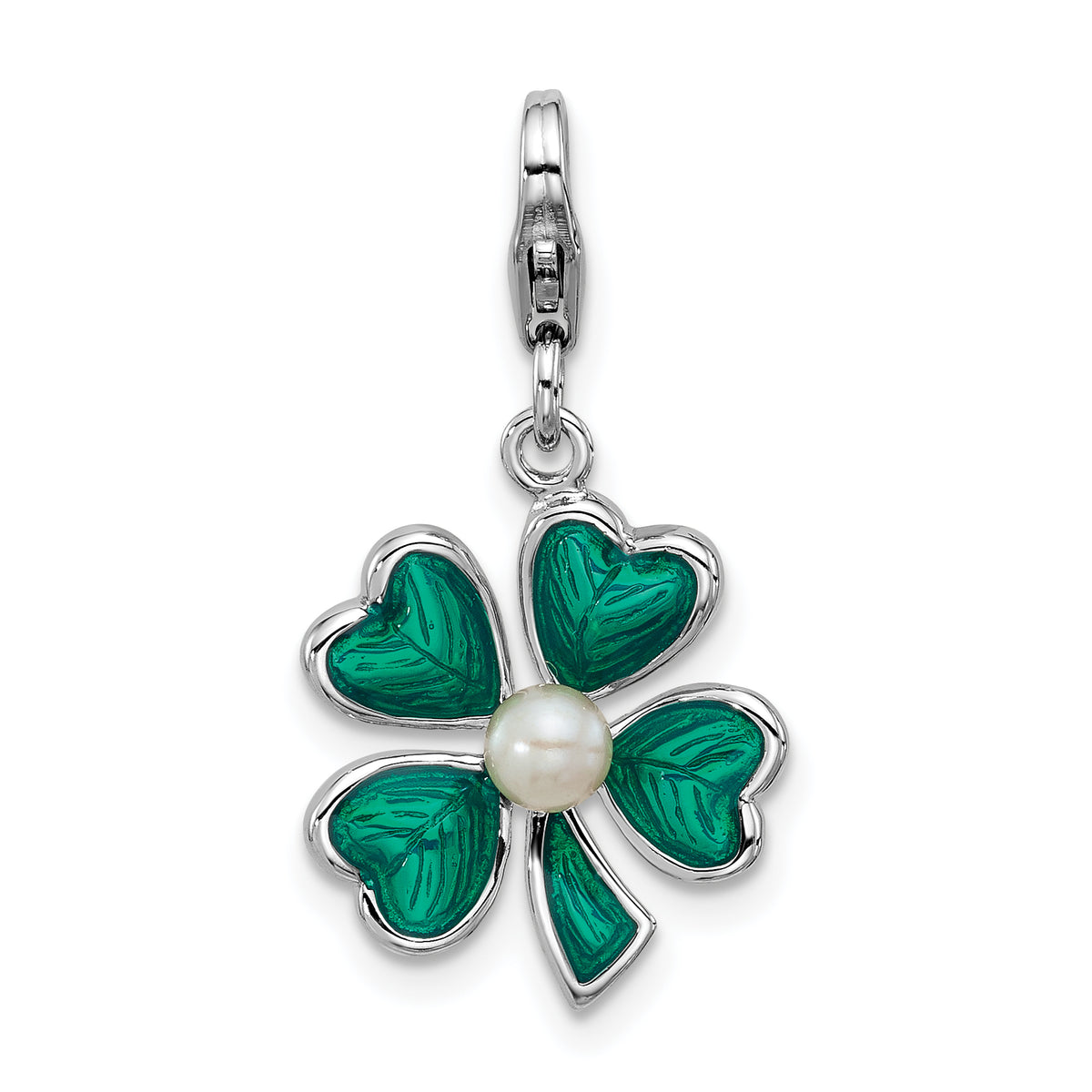 SS Amore La Vita Rhodium-plated Enameled Green Clover FWC Pearl Charm