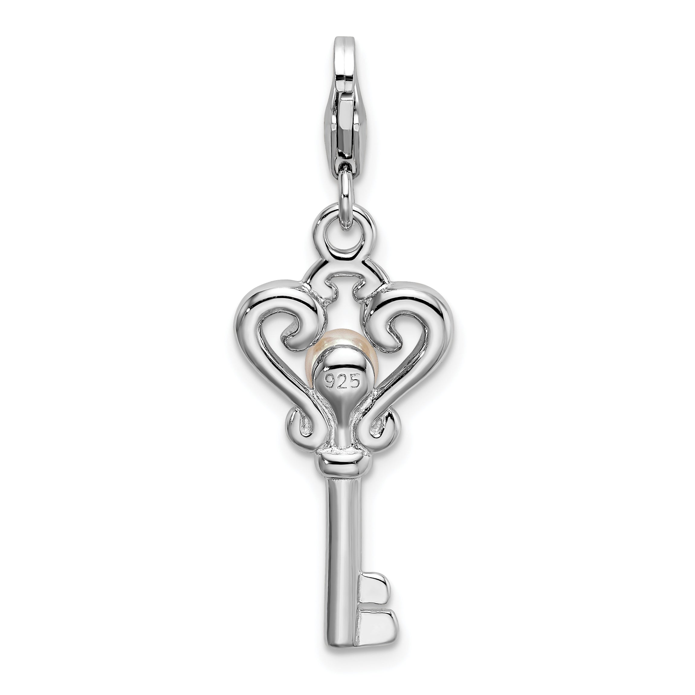 Amore La Vita Sterling Silver Rhodium-plated Polished Freshwater Cultured Pearl Key Charm with Fancy Lobster Clasp