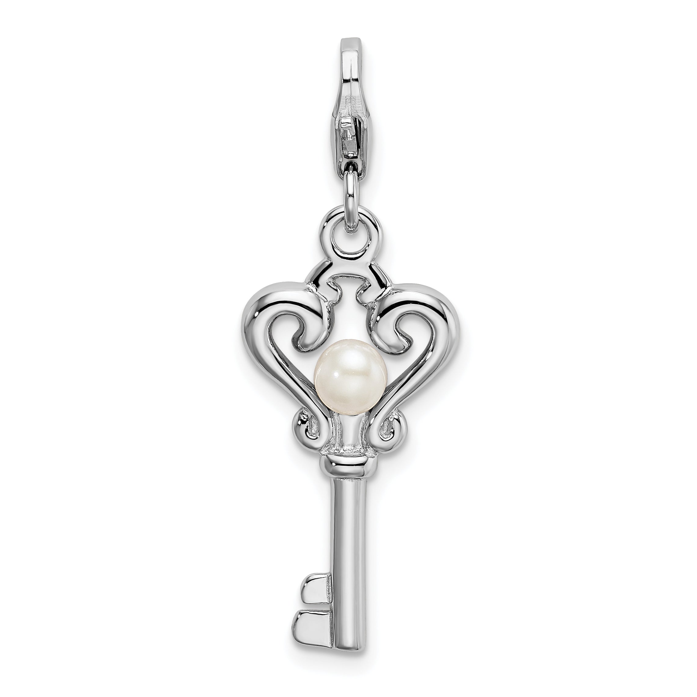 Amore La Vita Sterling Silver Rhodium-plated Polished Freshwater Cultured Pearl Key Charm with Fancy Lobster Clasp