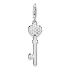 Amore La Vita Sterling Silver Rhodium-plated Polished Clear CZ Heart Top Key Charm with Fancy Lobster Clasp