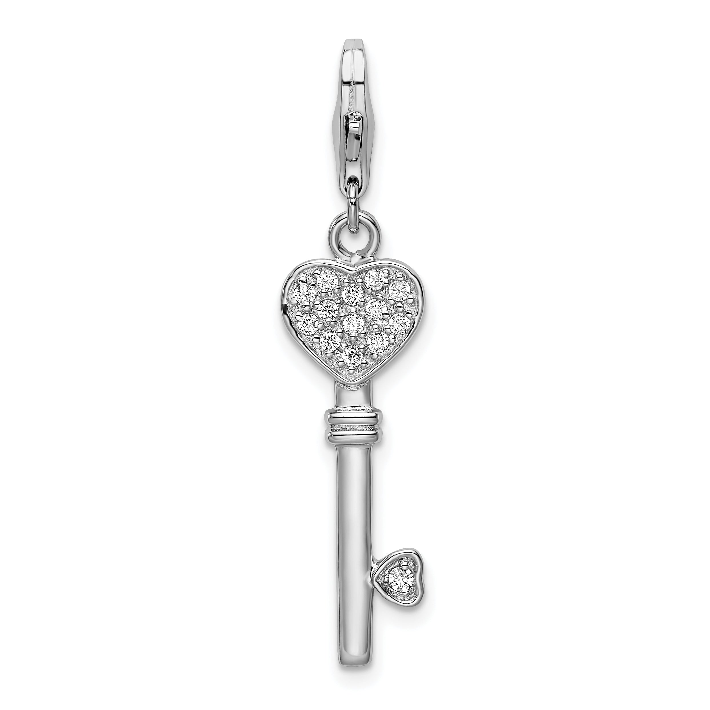 Amore La Vita Sterling Silver Rhodium-plated Polished Clear CZ Heart Top Key Charm with Fancy Lobster Clasp