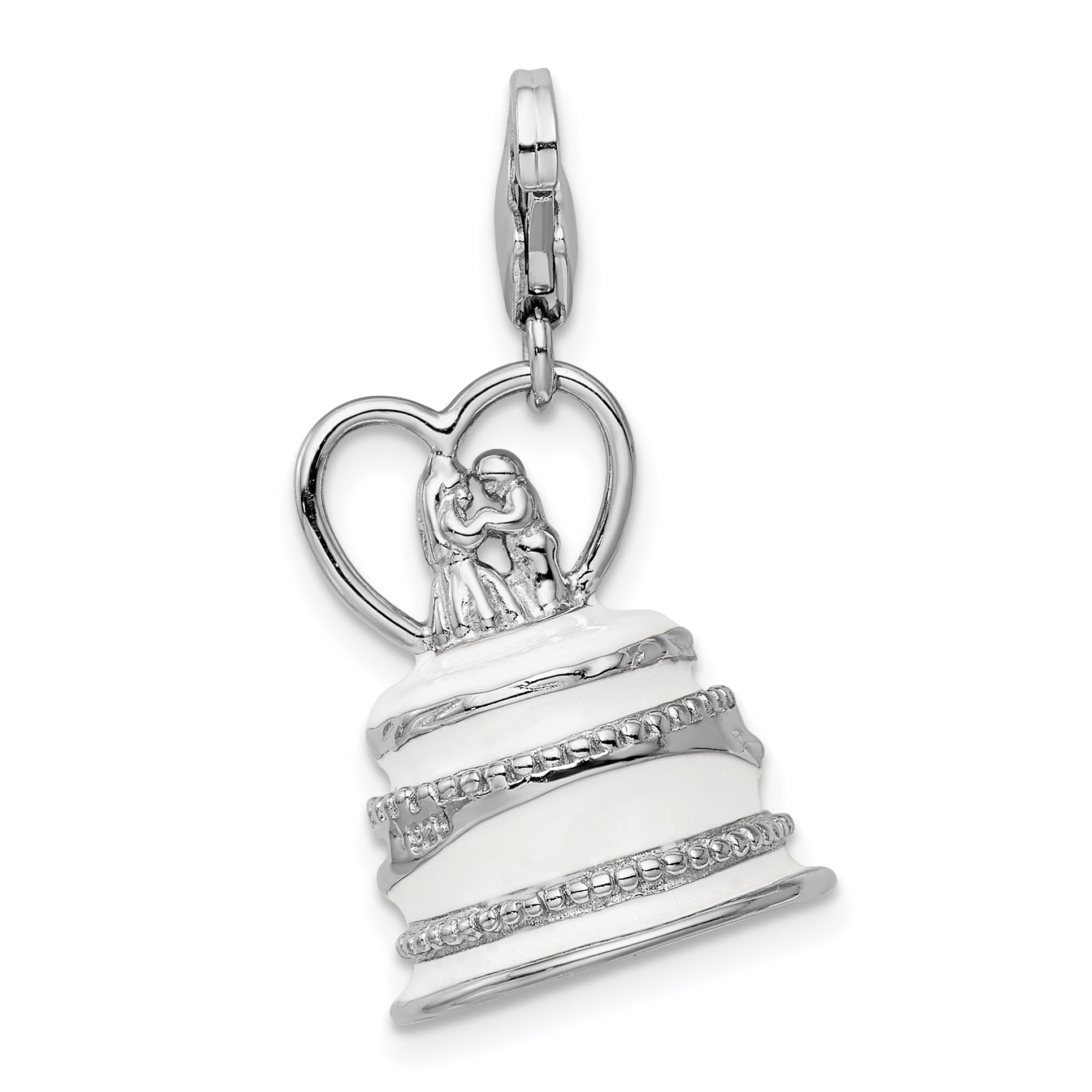 Amore La Vita Sterling Silver Rhodium-plated Polished 3-D Enameled Wedding Cake Charm with Fancy Lobster Clasp