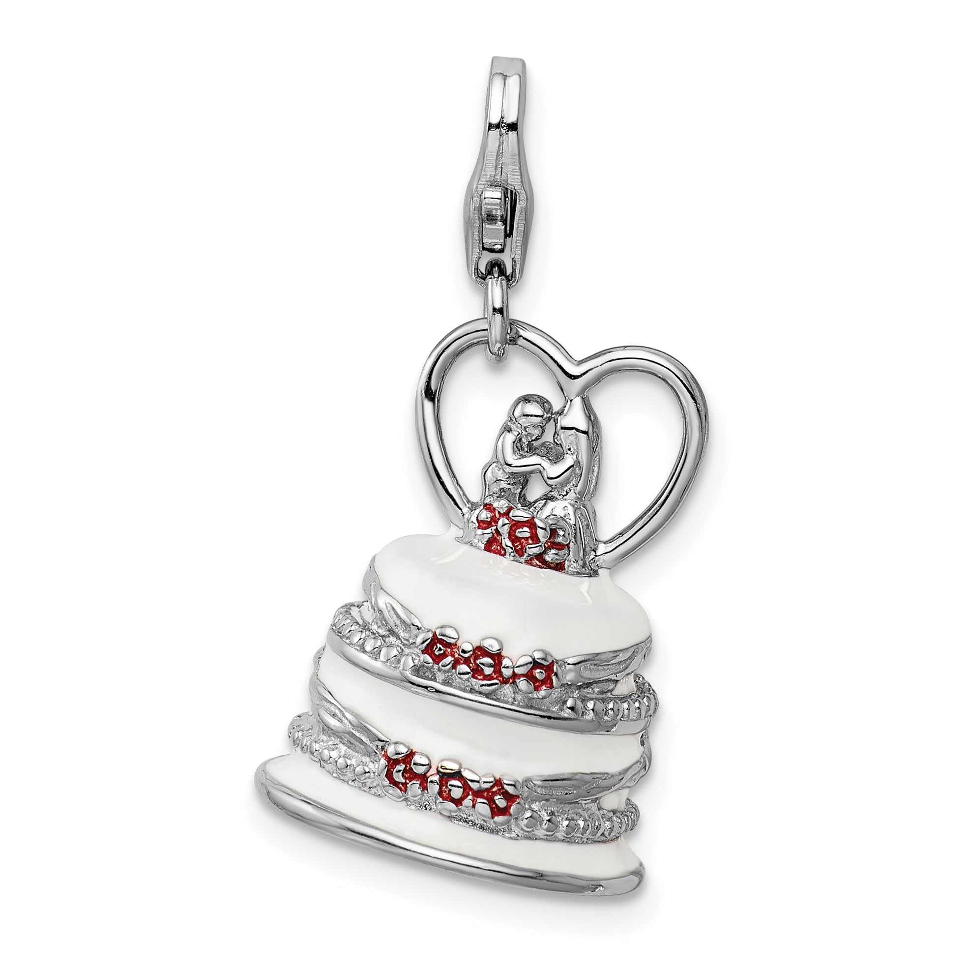 Amore La Vita Sterling Silver Rhodium-plated Polished 3-D Enameled Wedding Cake Charm with Fancy Lobster Clasp