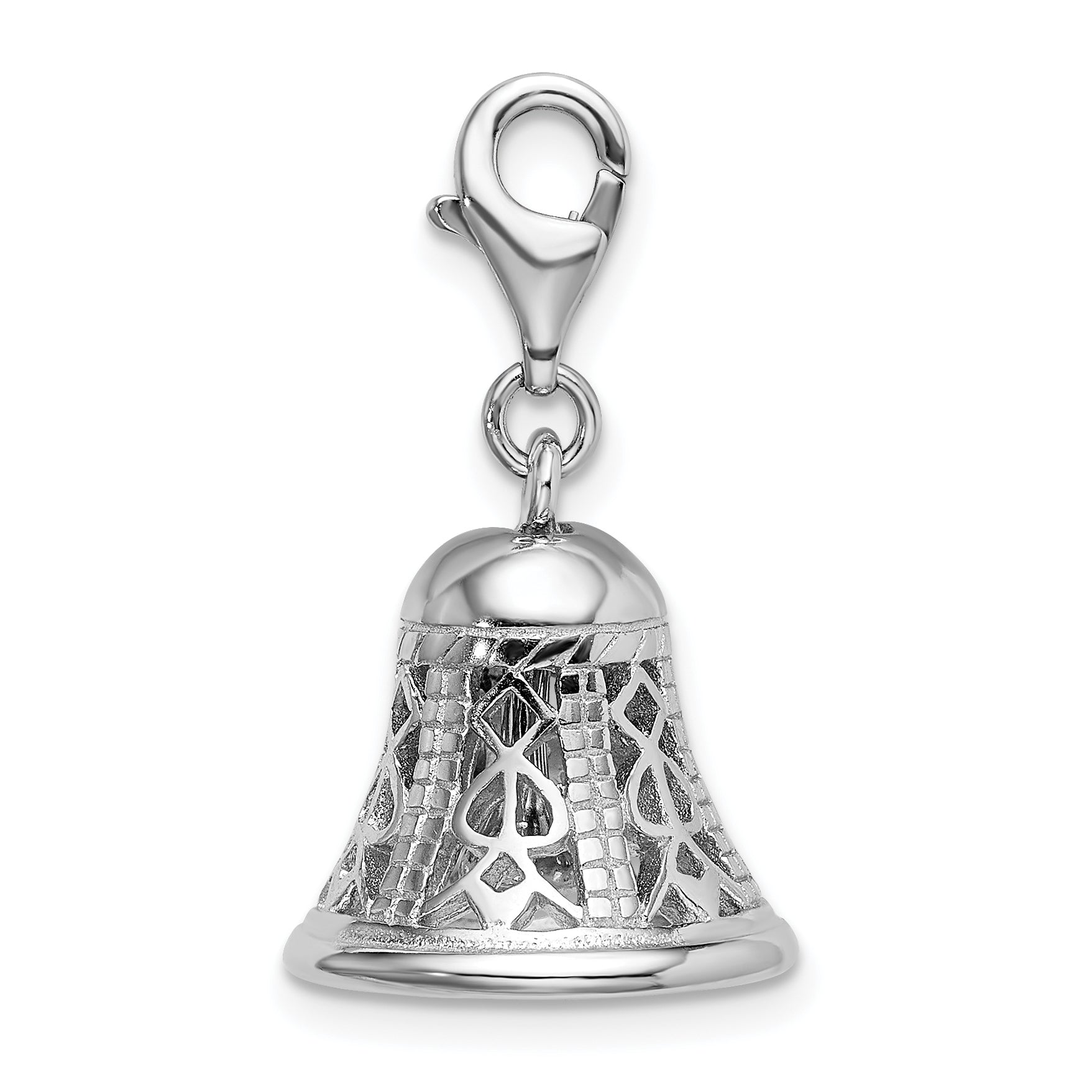 Amore La Vita Sterling Silver Rhodium-plated Polished 3-D Movable Bell Charm with Fancy Lobster Clasp