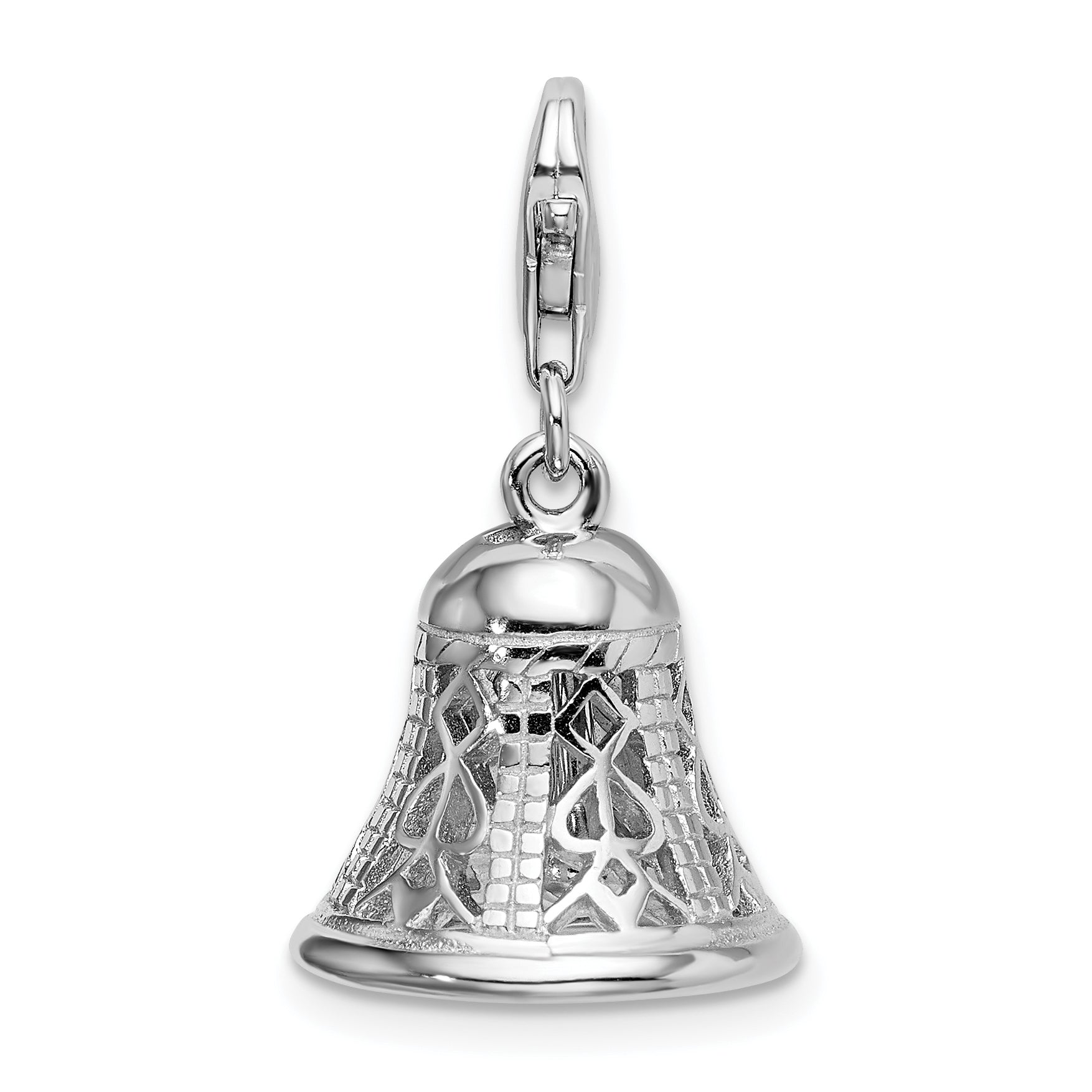 Amore La Vita Sterling Silver Rhodium-plated Polished 3-D Movable Bell Charm with Fancy Lobster Clasp