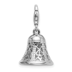 Amore La Vita Sterling Silver Rhodium-plated Polished 3-D Movable Bell Charm with Fancy Lobster Clasp