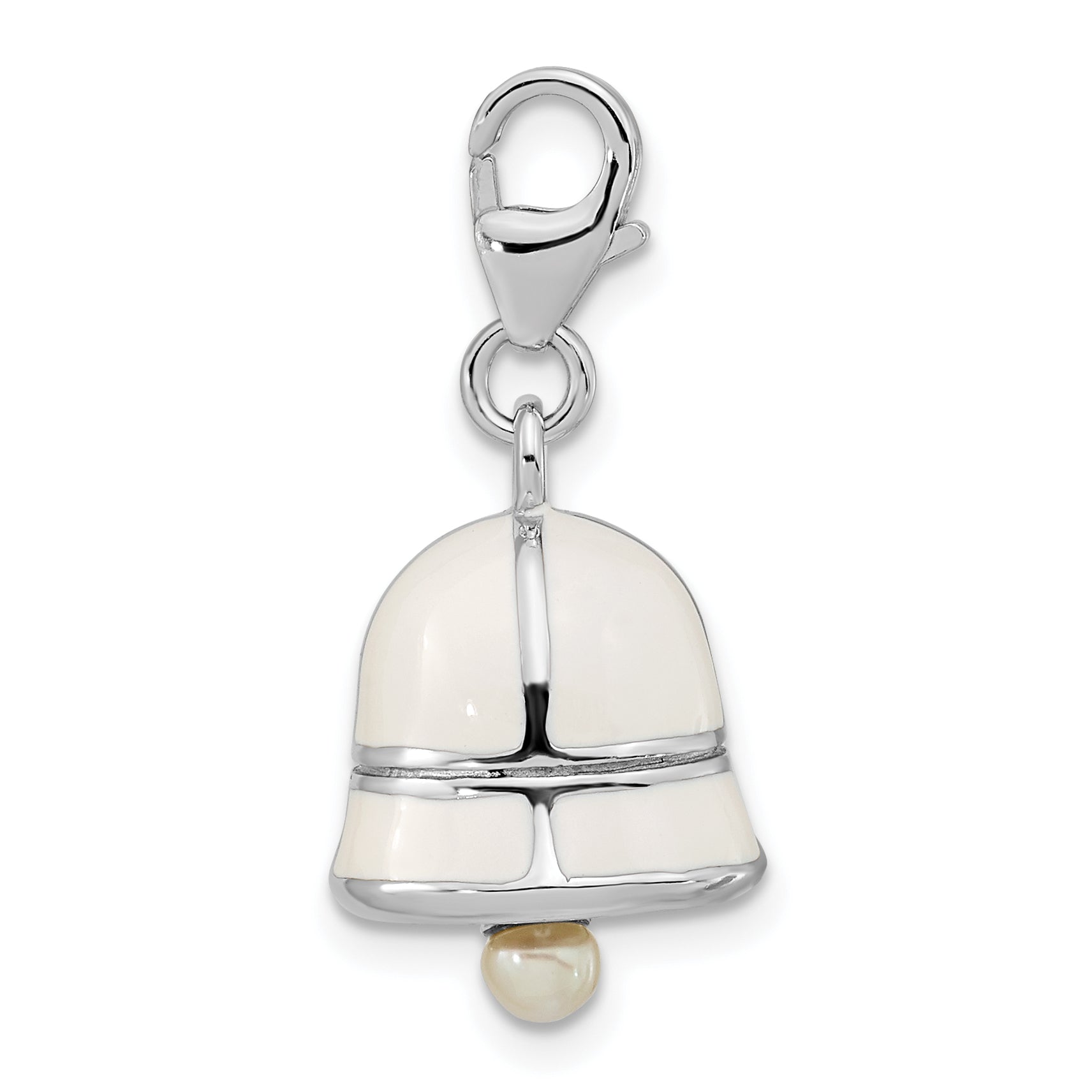 Sterling Silver FW Cultured Pearl White Enamel Bell w/Lobster Clasp Charm