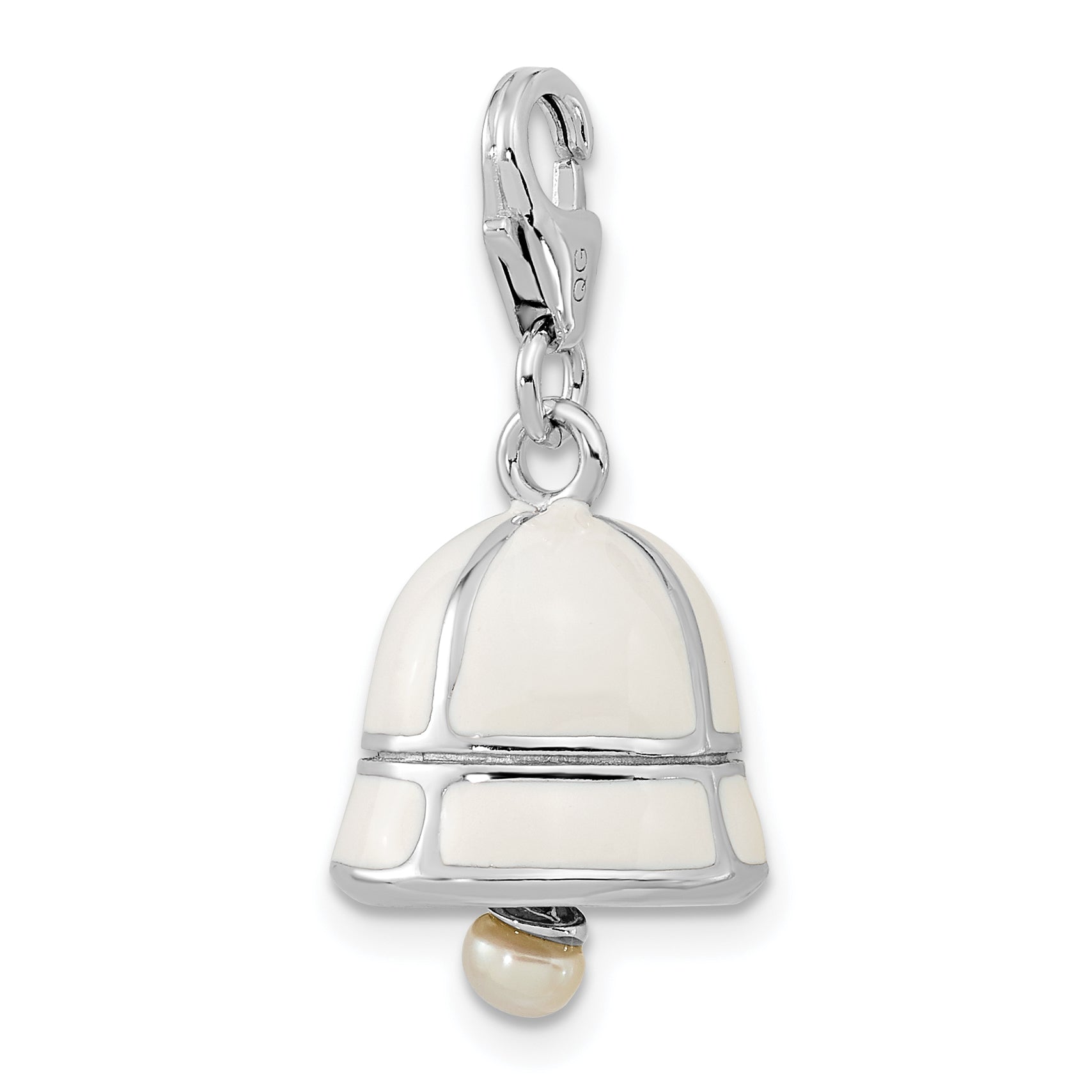 Sterling Silver 925 Pearl Enamel Bell Charm with Rhodium Plating