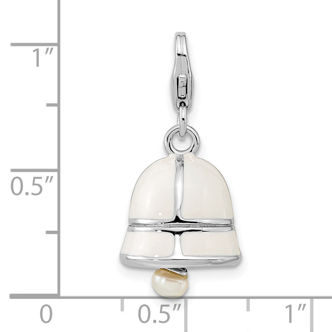 Sterling Silver FW Cultured Pearl White Enamel Bell w/Lobster Clasp Charm