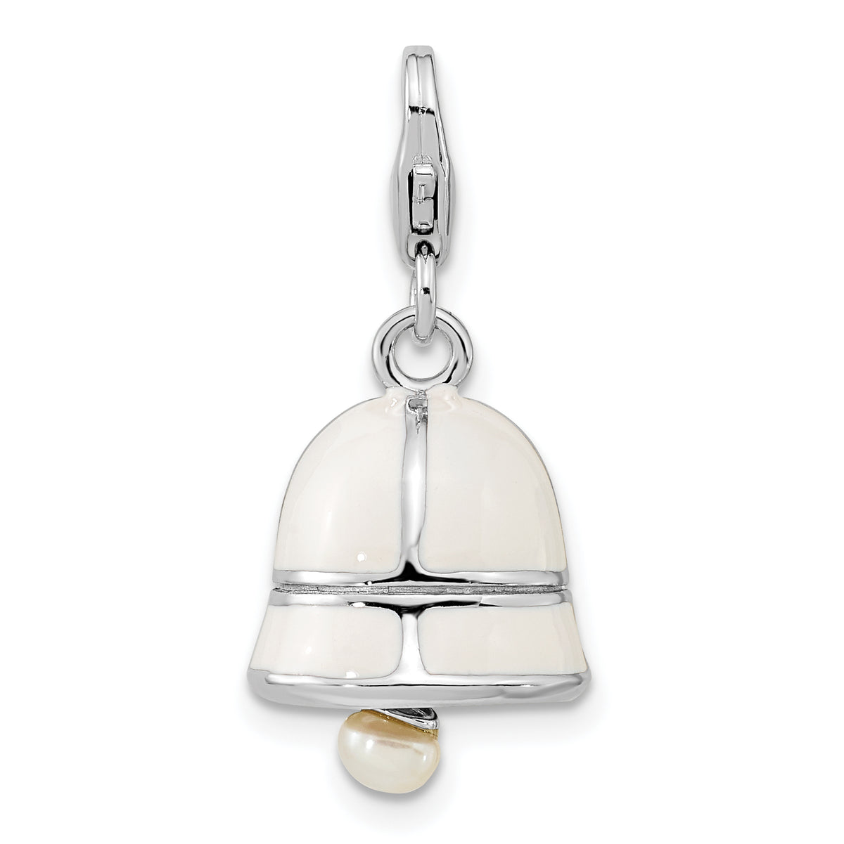 Amore La Vita Sterling Silver Rhodium-plated Polished 3-D Moveable Freshwater Cultured Pearl White Enameled Bell Charm with Fancy Lobster Clasp