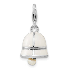 Amore La Vita Sterling Silver Rhodium-plated Polished 3-D Moveable Freshwater Cultured Pearl White Enameled Bell Charm with Fancy Lobster Clasp