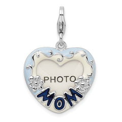 Amore La Vita Sterling Silver Rhodium-plated Polished Blue Enameled MOM Photo Charm with Fancy Lobster Clasp