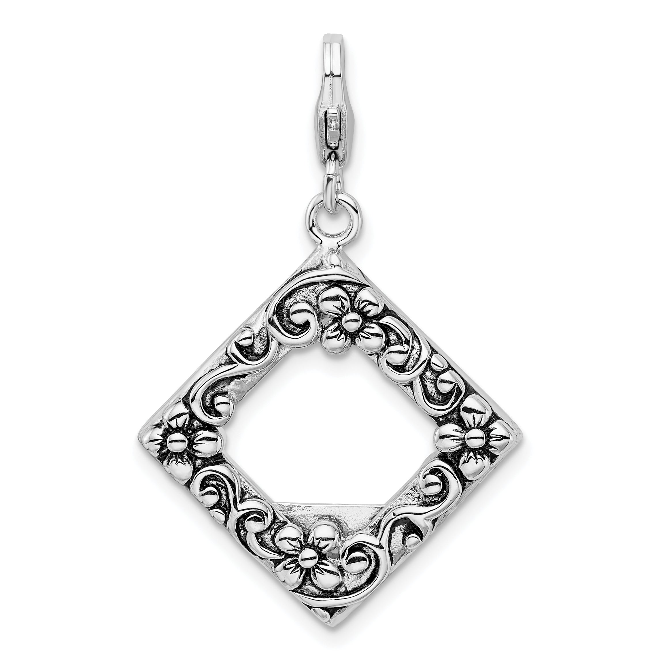 Amore La Vita Sterling Silver Rhodium-plated Polished Antiqued Photo Charm with Fancy Lobster Clasp