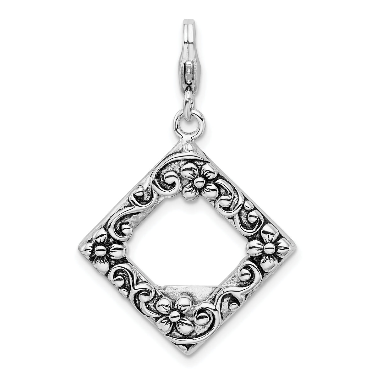 Amore La Vita Sterling Silver Rhodium-plated Polished Antiqued Photo Charm with Fancy Lobster Clasp