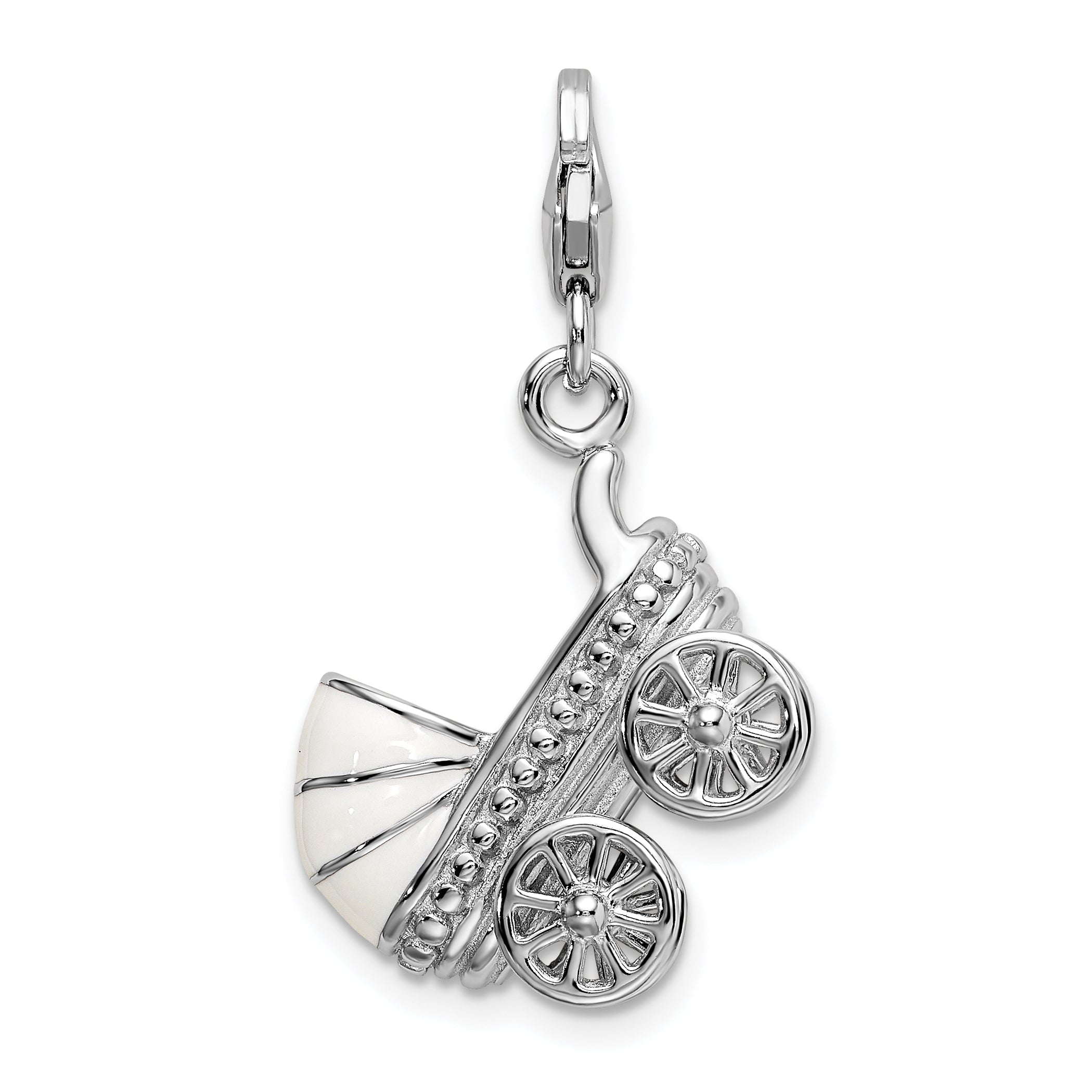 Amore La Vita Sterling Silver Rhodium-plated Polished 3-D Enameled Baby Carriage Charm with Fancy Lobster Clasp