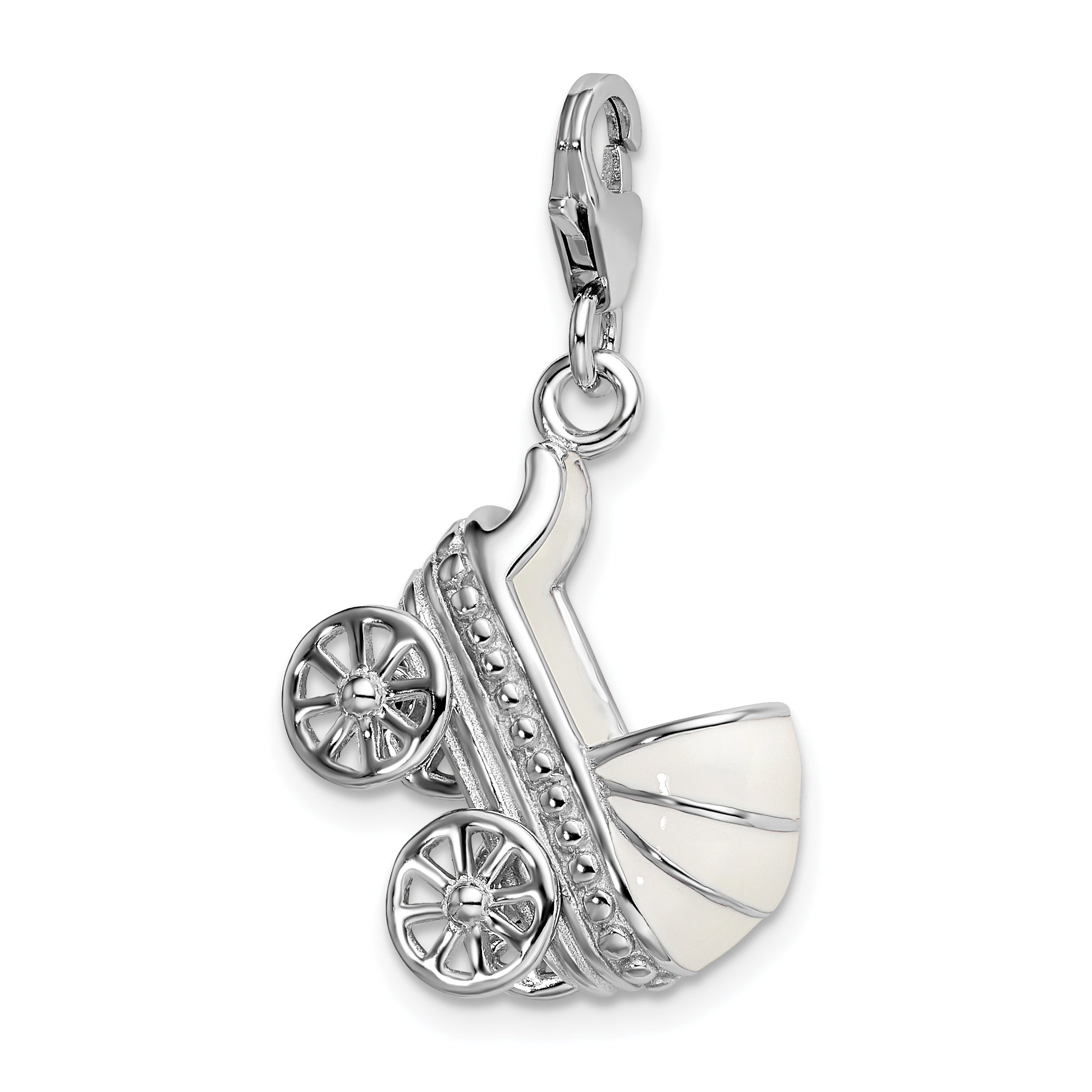 Amore La Vita Sterling Silver Rhodium-plated Polished 3-D Enameled Baby Carriage Charm with Fancy Lobster Clasp