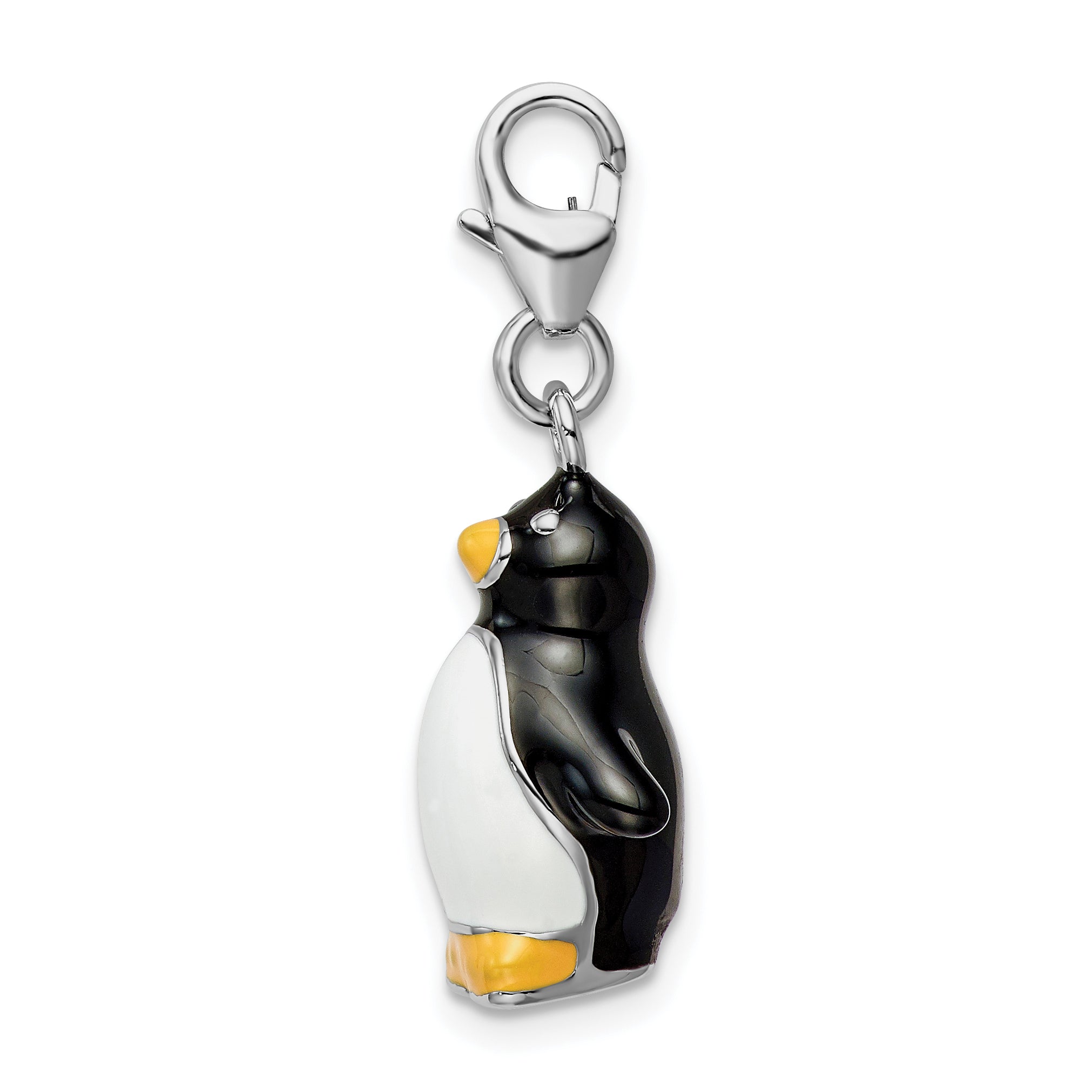 Amore La Vita Sterling Silver Rhodium-plated Polished 3-D Enameled Penguin Charm with Fancy Lobster Clasp