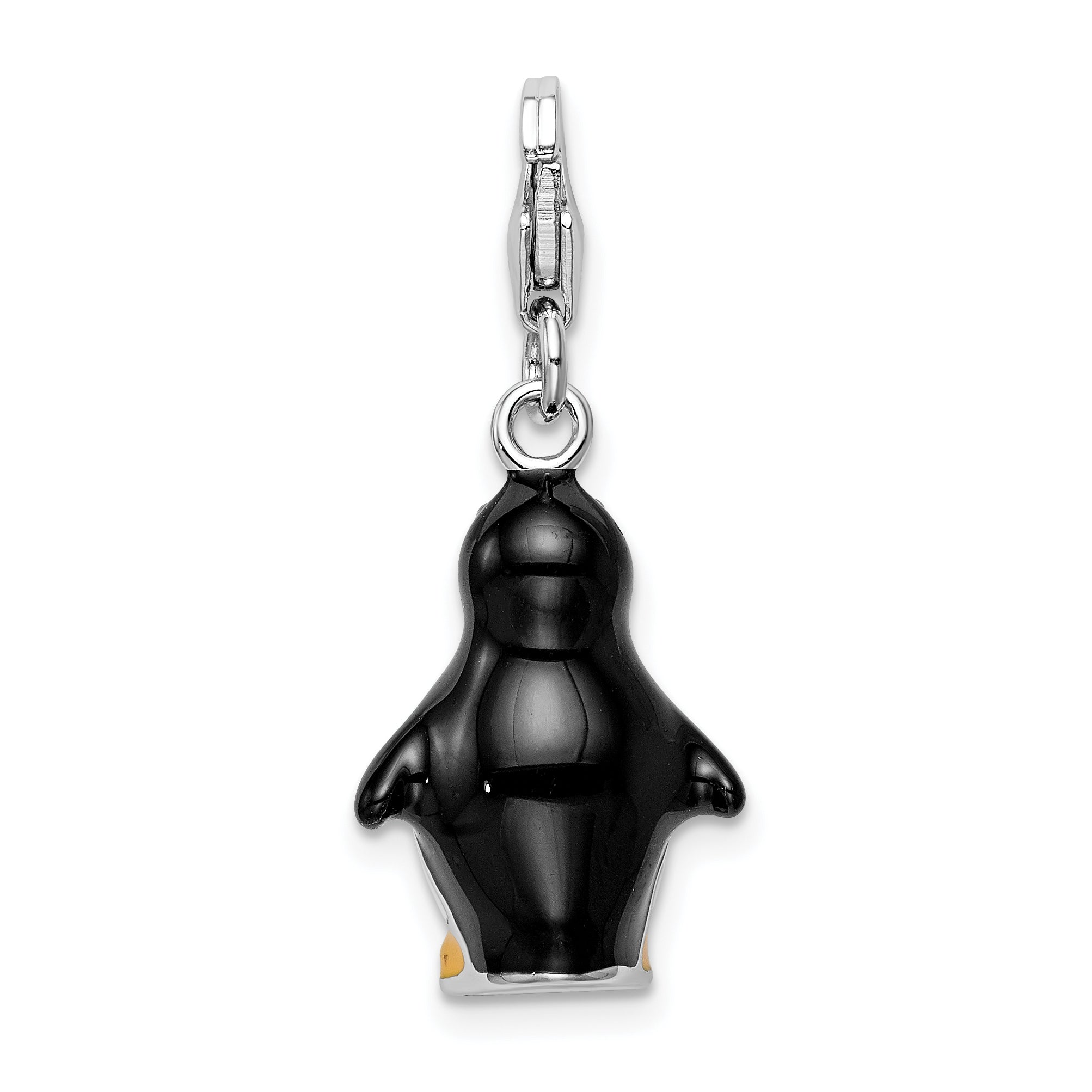 Amore La Vita Sterling Silver Rhodium-plated Polished 3-D Enameled Penguin Charm with Fancy Lobster Clasp