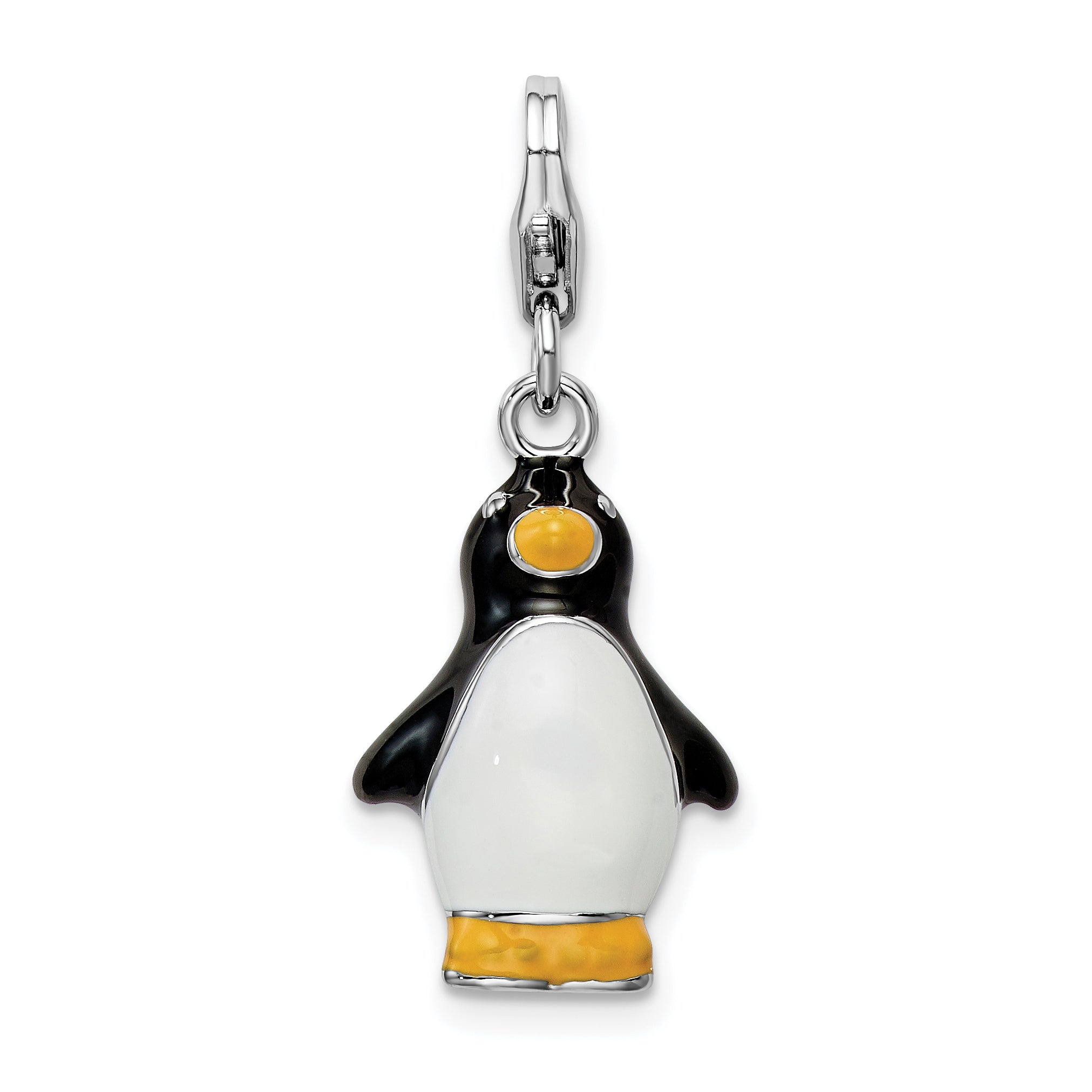 Amore La Vita Sterling Silver Rhodium-plated Polished 3-D Enameled Penguin Charm with Fancy Lobster Clasp