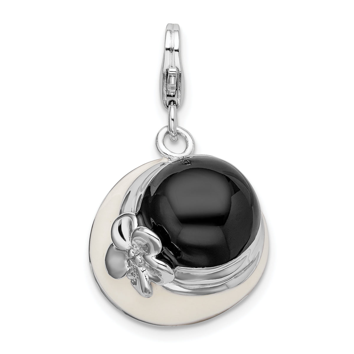 Amore La Vita Sterling Silver Rhodium-plated Polished 3-D Black and White Enameled Hat Charm with Fancy Lobster Clasp