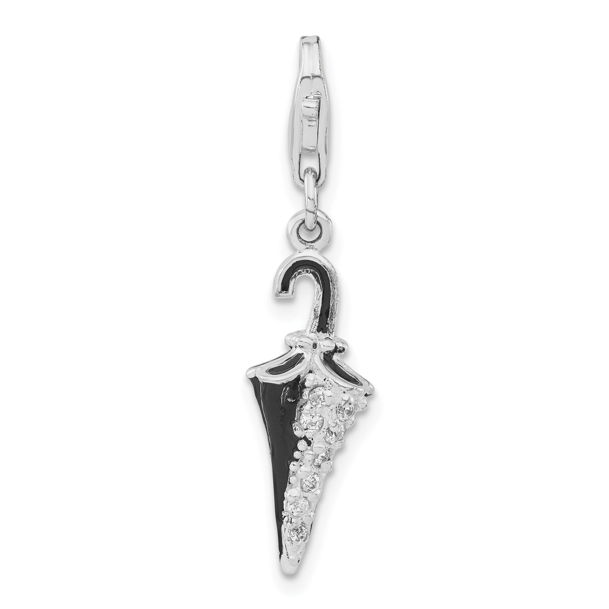 Sterling Silver Rhodium-plated 3-D Enameled & CZ Parasol w/Lobster Clasp Charm