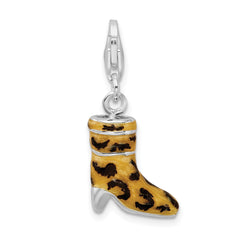 Sterling Silver CZ Enameled Leopard Print Boot w/Lobster Clasp Charm