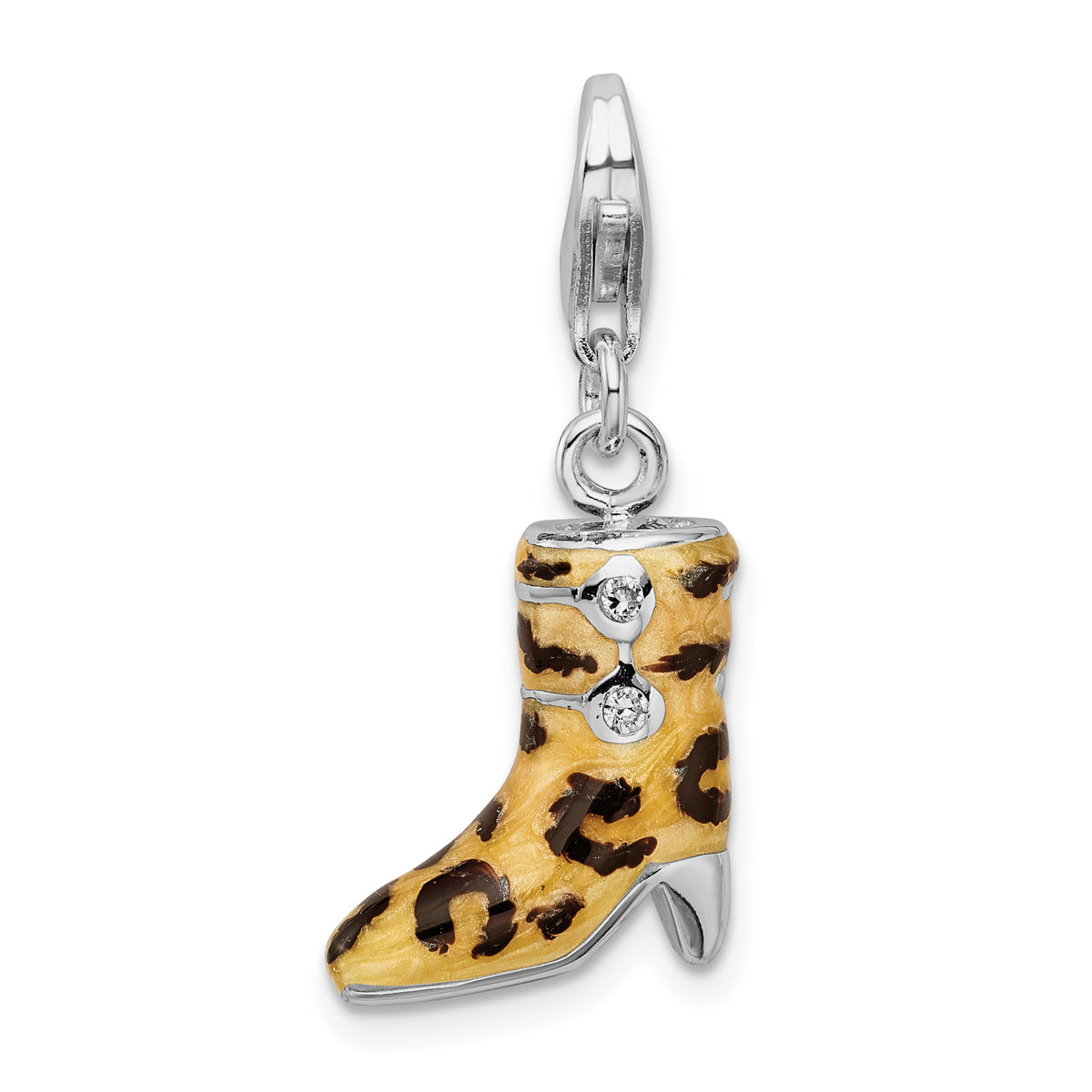 Amore La Vita Sterling Silver Rhodium-plated Polished 3-D CZ Enameled Leopard Print Boot Charm with Fancy Lobster Clasp